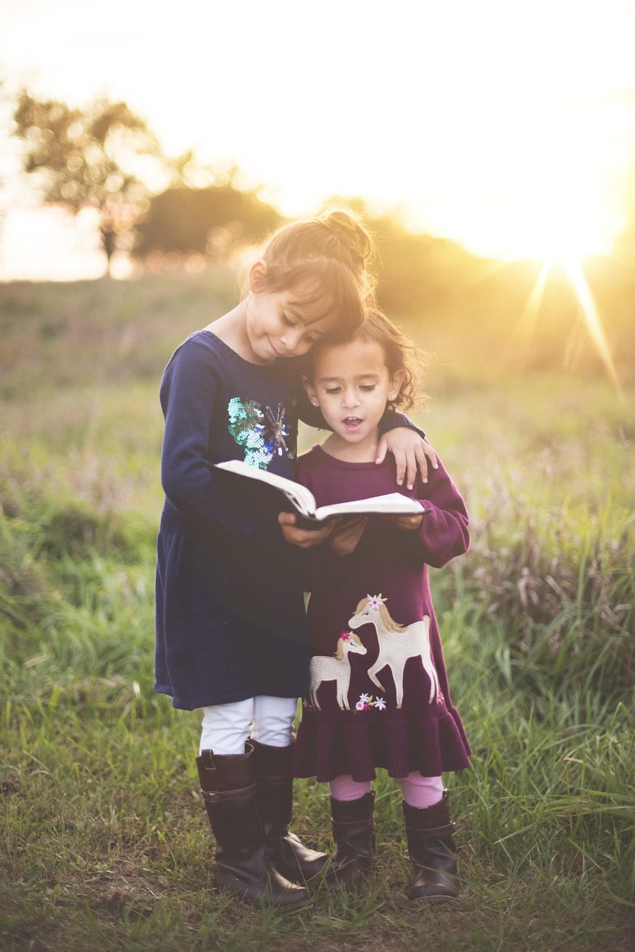 Two sisters reading together in a golden field